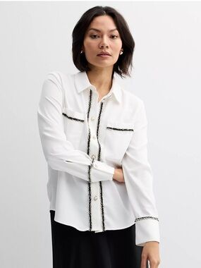 Ellen Tracy Button Front Satin With Tweed Trim Blouse Size XL